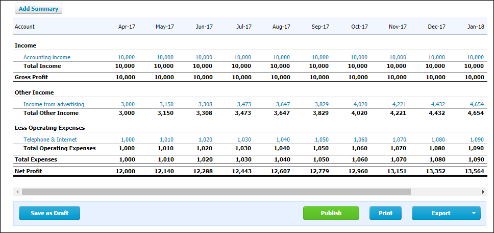 budget summary report in xero